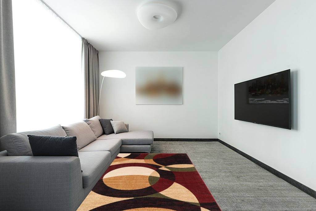 Well Woven Casual Modern Styling Shapes Circles Area Rug 5x7 (5'3" x 7'3'') Multi Color Red Black Beige Thick Soft Pile Easy Care Pile Suitable high Traffic Areas in Modern Living Room with Grey Couch