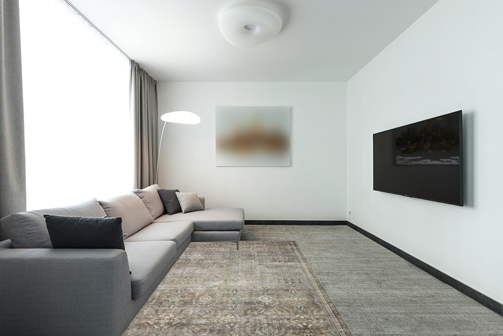 Loloi II Layla Collection LAY-13 Antique/Moss, Traditional 5'-0" x 7'-6" Area Rug in Modern Living Room with Grey Couch