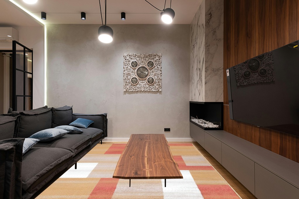 SUPERIOR Clifton Mid-Century Modern Geometric Polypropylene Indoor Area Rug with Jute Backing, 8' X 10', Ginger in Dark Wood Living Room with Black Couch