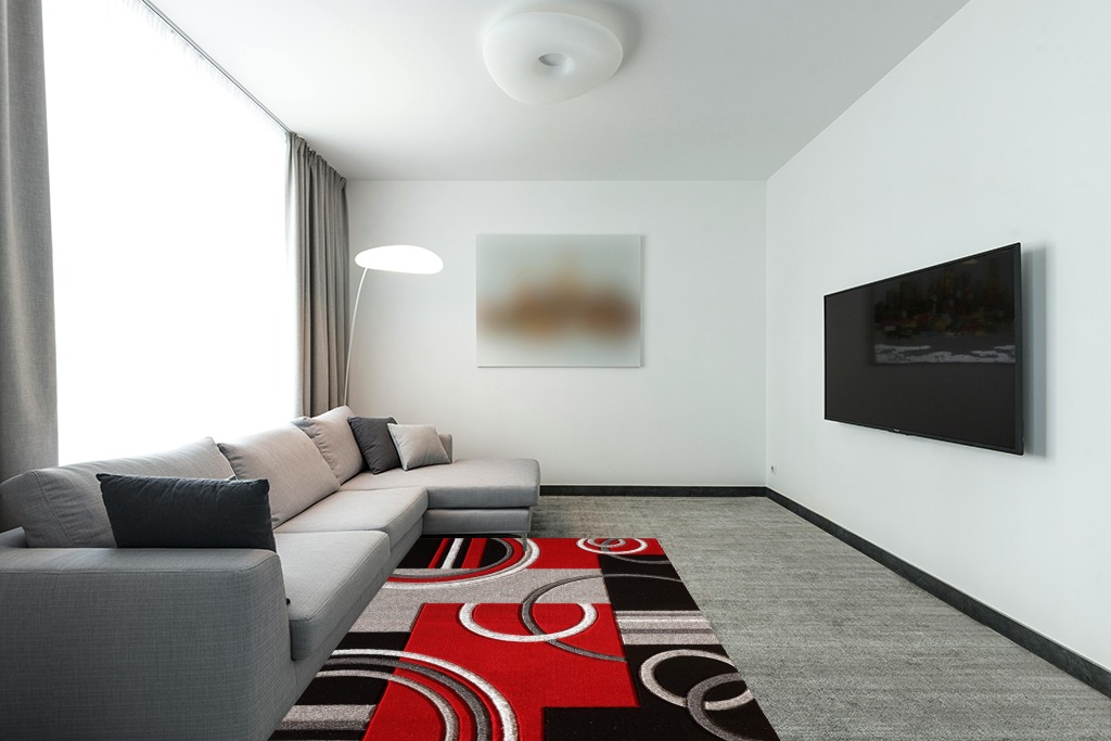 Red Modern Stain-resistant Living Room Area Rug in Modern Living Room with Grey Couch