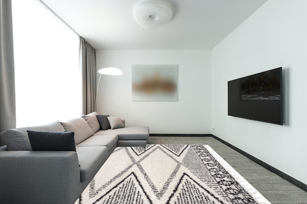 nuLOOM Cassia Moroccan Diamond Shaggy Tassel Area Rug, 8x10, Off-white in Modern Living Room with Grey Couch