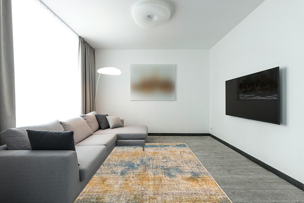 Unique Loom Deepa Collection Area Rug - Whane (Rectangular 6' 0" x 8' 9", Blue Ivory/ Yellow) in Modern Living Room with Grey Couch