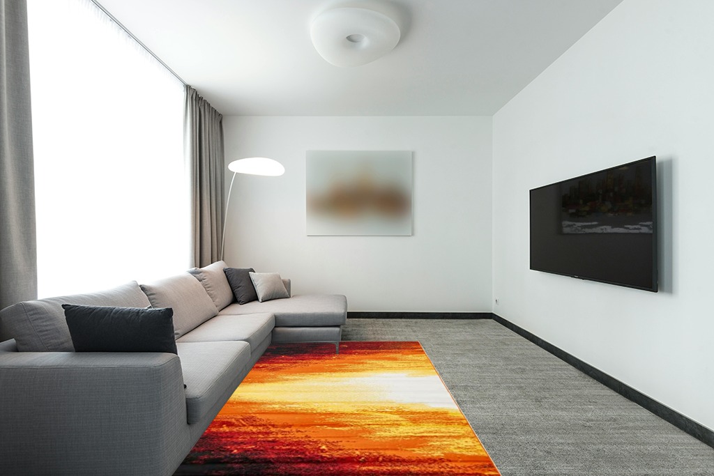 Unique Loom Metro Collection Contemporary Abstract Bright Warm Candle Light Area Rug, 5 ft x 8 ft, Orange/Yellow in Modern Living Room with Grey Couch