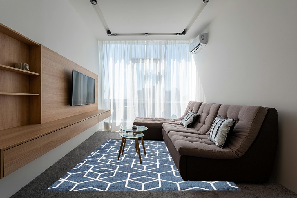 JONATHAN Y SEU101H-8 Tumbling Blocks Modern Geometric Indoor Area-Rug Contemporary Casual Easy-Cleaning Bedroom Kitchen Living Room Non Shedding, 8 X 10, Navy/White,JSEU101H8 in Grey Living Room with Brown Couch