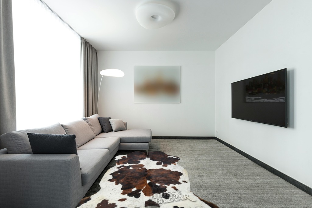 Tricolor Cowhide Rug Classic Brown, Black and White Color Mix, Natural Leather Hide, Area Rug (5x7 ft) in Modern Living Room with Grey Couch