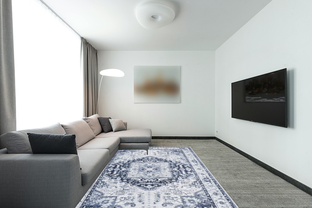 xilixili Area Rug 6x9 - Anti-Slip Backing Washable Rug - Stain Resistant Boho Rugs for Living Room,Bedroom & Dining Room,Vintage Printed Area Rugs (Navy Blue,6'x9') in Modern Living Room with Grey Couch