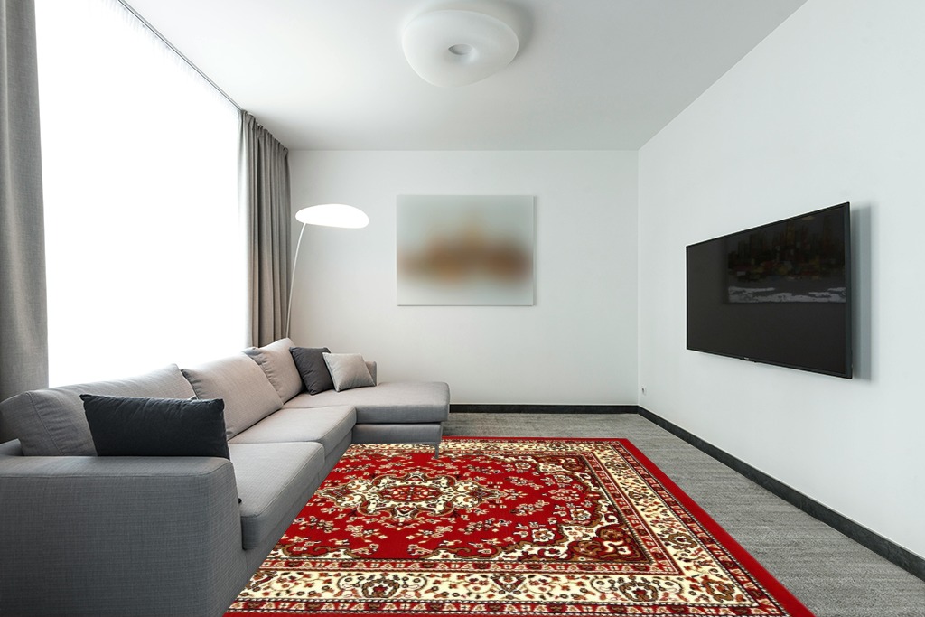 Antep Rugs Kashan King Collection HIMALAYAS Oriental Area Rug Maroon and Beige - Maroon and Beige - 8' x 10' in Modern Living Room with Grey Couch