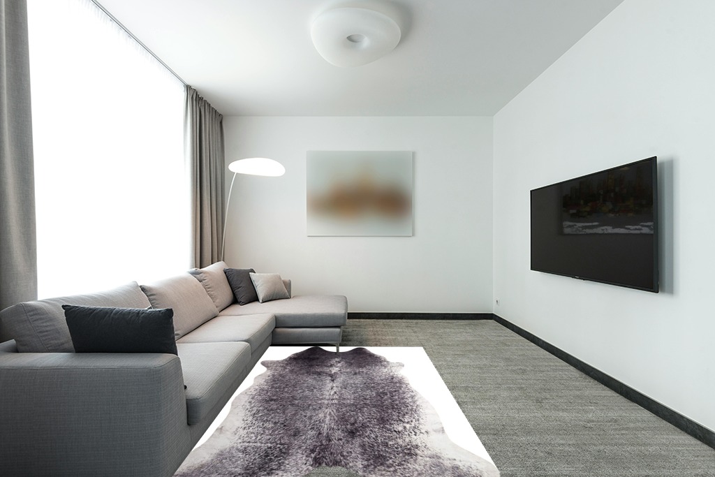 Faux Cowhide Printed (Hairless) Rug 5ft x 6.5ft, Black and White Brindle in Modern Living Room with Grey Couch