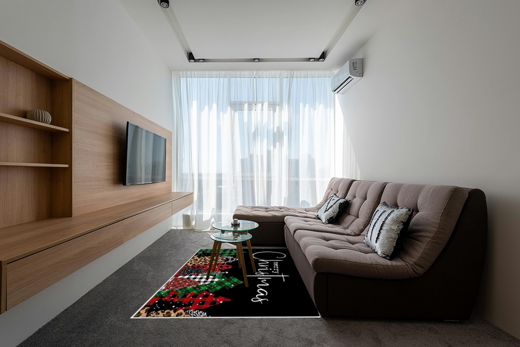 Merry Christmas Area Rug for Living Room Bedroom 5x8, Large Runner Rug Carpet Washable Rugs Non-Shedding Floor Cover Mat for Kitchen Dining Kids Room Decor Christmas Tree Black Texture in Grey Living Room with Brown Couch