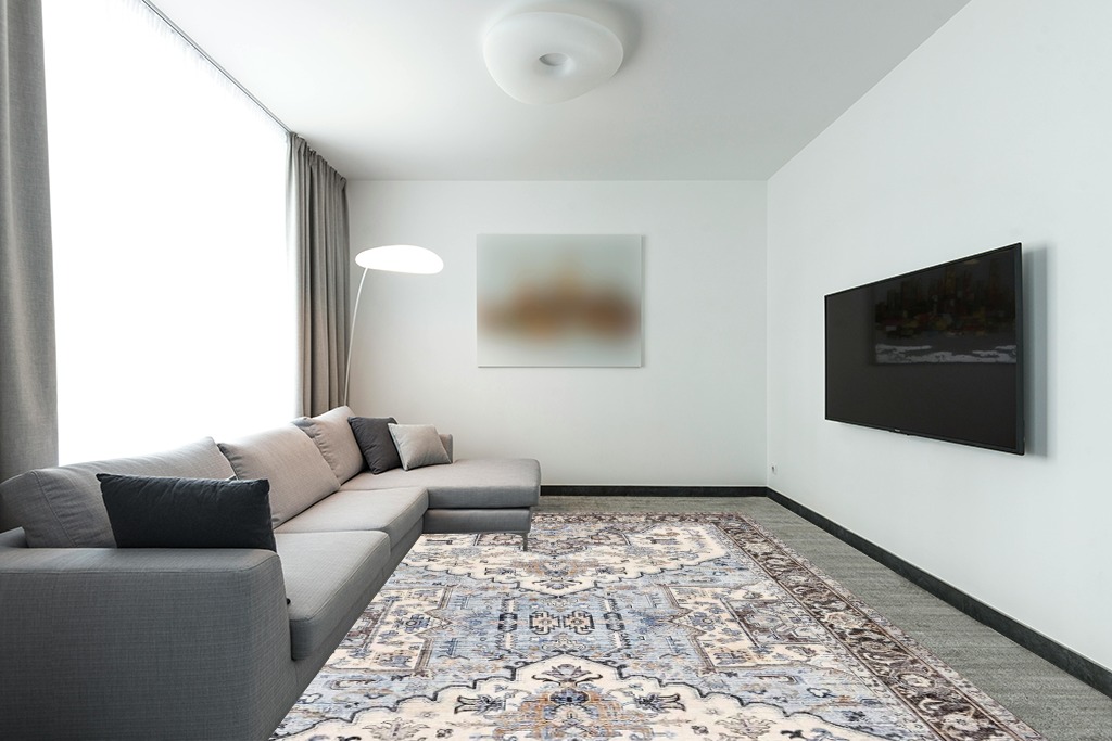 Area Rug Living Room Rugs - 9x12 Soft Machine Washable Oriental Persian Floral Distressed Rug Large Indoor Floor Carpet for Bedroom Under Dining Table Home Office Decor - Cream Blue in Modern Living Room with Grey Couch