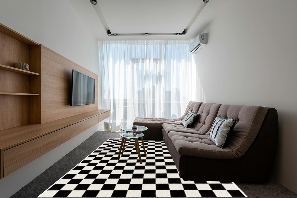 Luxe Weavers Modern Checkered Area Rug Black 8x10 Stain Resistant Carpet for Living Room in Grey Living Room with Brown Couch