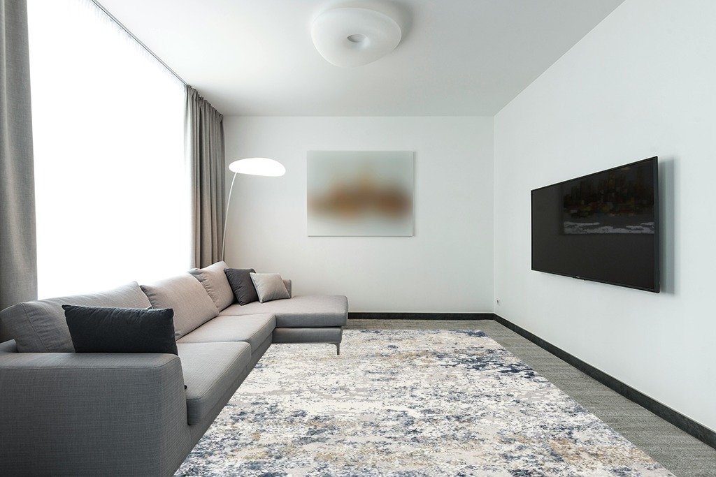 Area Rug Living Room Rugs - 9x12 Abstract Large Soft Indoor Washable Rug Neutral Modern Low Pile Carpet for Bedroom Dining Room Farmhouse Home Office - Beige Blue in Modern Living Room with Grey Couch