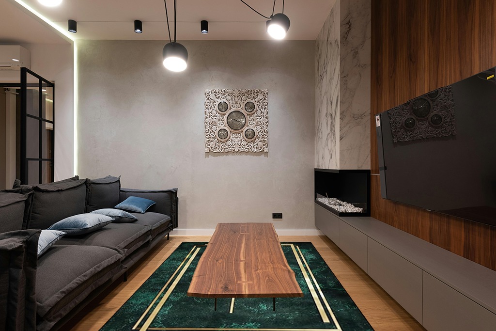Luxury Emerald Green Gold Geometric Lines Area Rug, Non Slip Noise Reduction Kids Rugs, for Room Sofa Living Room Mat Bedroom Home Decor Floor Mats,6 x 8ft in Dark Wood Living Room with Black Couch