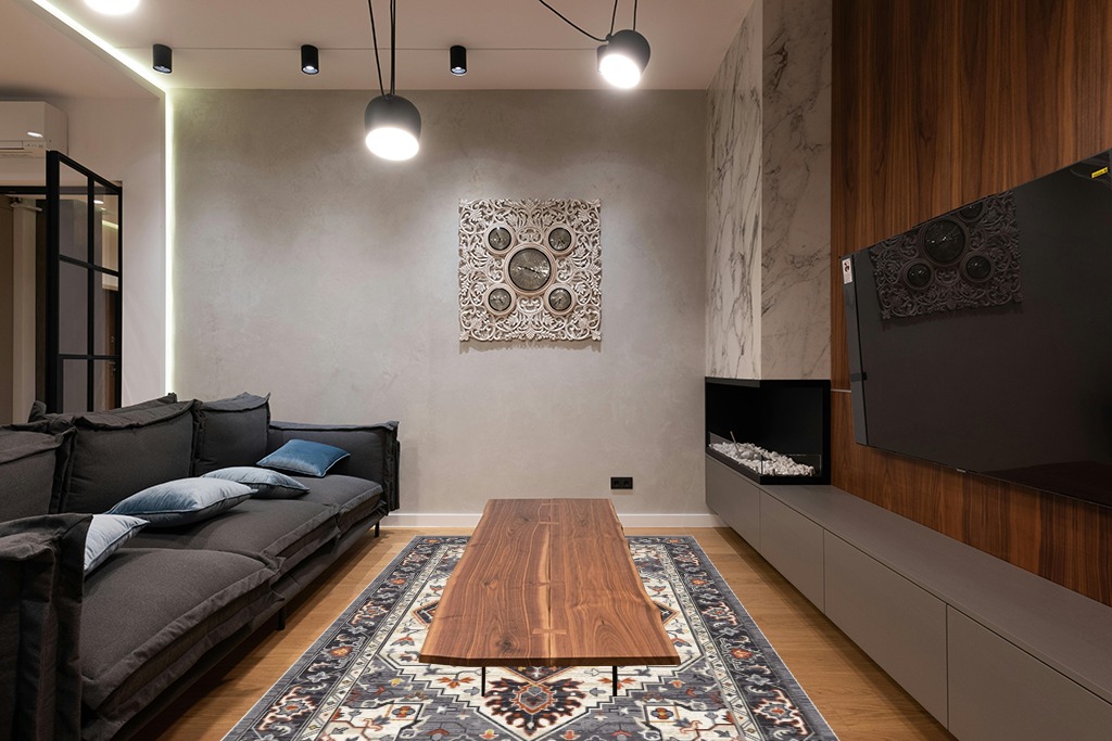 HOMFINE Ultra-Soft Washable Area Rug - 6x9 Non-Slip Vintage Low Pile Carpet Medallion Rugs for Living Room Bedroom Dining Room Office, Black in Dark Wood Living Room with Black Couch