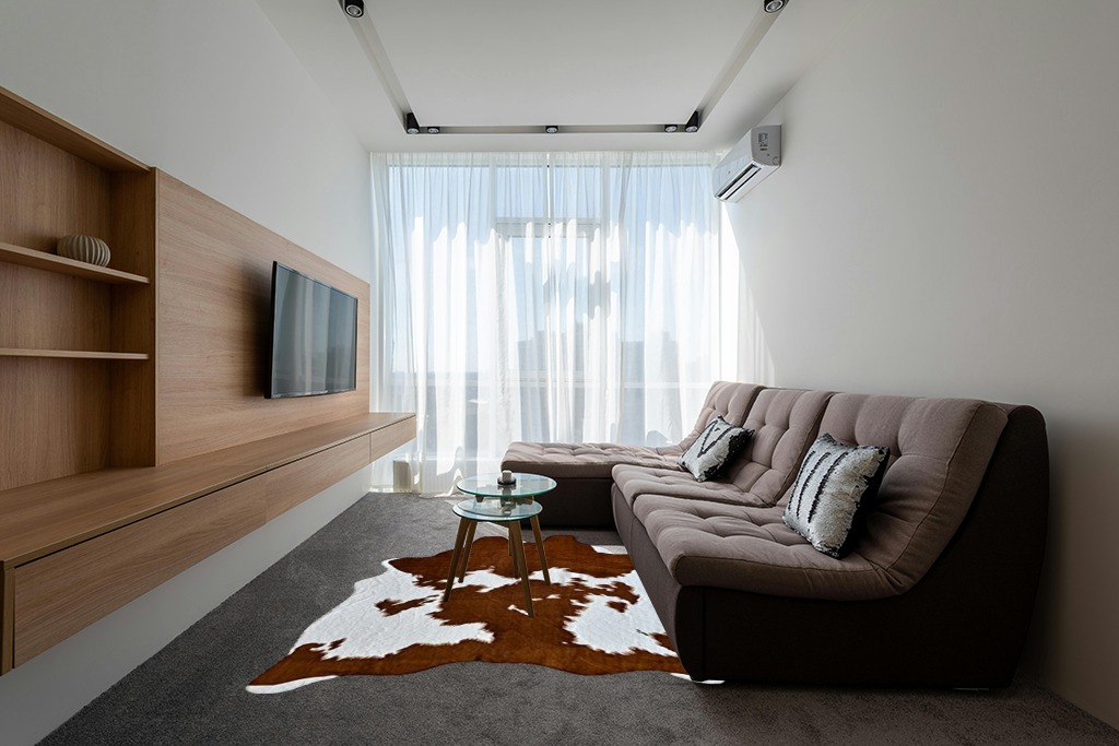 rugoo Faux Cowhide Rug 8.3 ft x 6.2 ft Cow Print Rug Faux Animal Skin Rug for Living Room Bedroom Nursery, White and Brown in Grey Living Room with Brown Couch