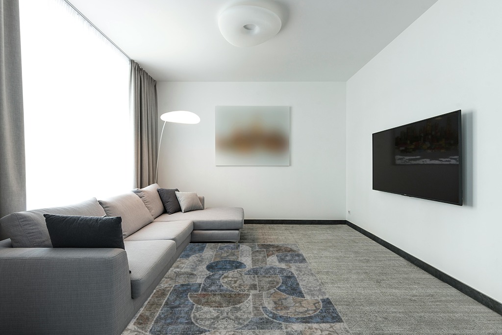 Washable Rug 5x7 Area Rugs for Bedroom, Soft Low Pile Living Room Rugs with Non-Slip Backing, Vintage Patchwork Indoor Floor Carpet for Dining Room Nursery Home Office-Blue/Grey in Modern Living Room with Grey Couch