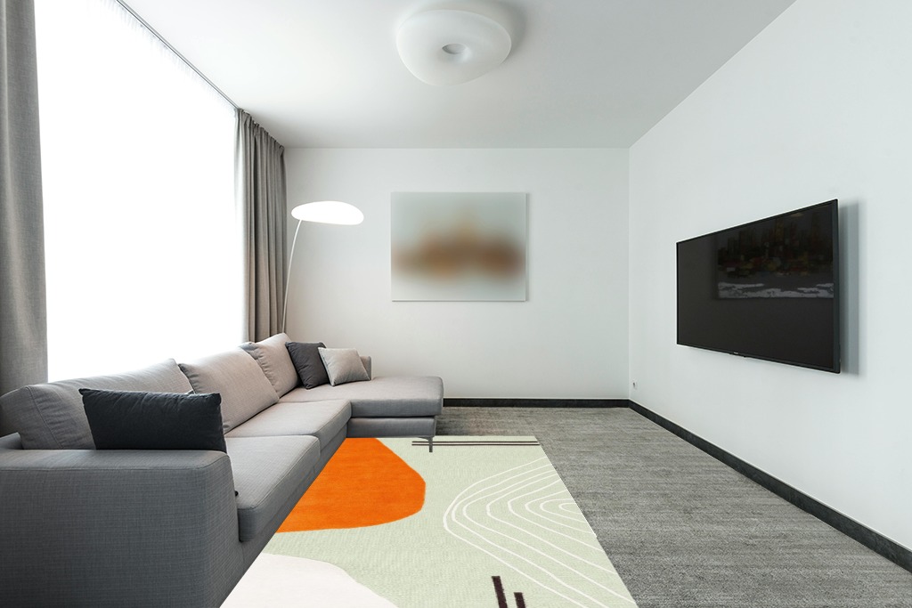 Safavieh Rodeo Drive Collection Area Rug - 5' x 8', Green & Rust, Handmade Mid-Century Modern Abstract Wool, Ideal for High Traffic Areas in Living Room, Bedroom (RD860Y) in Modern Living Room with Grey Couch