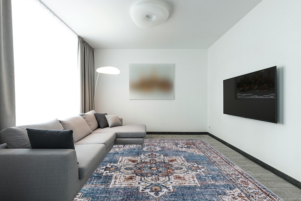 Area Rugs for Living Room: 9x12 Rug for Bedroom Machine Washable with Non Slip Backing Non Shedding, Boho Medallion Floral Large Carpet for Dining Room Nursery Home Office Blue/Brown in Modern Living Room with Grey Couch