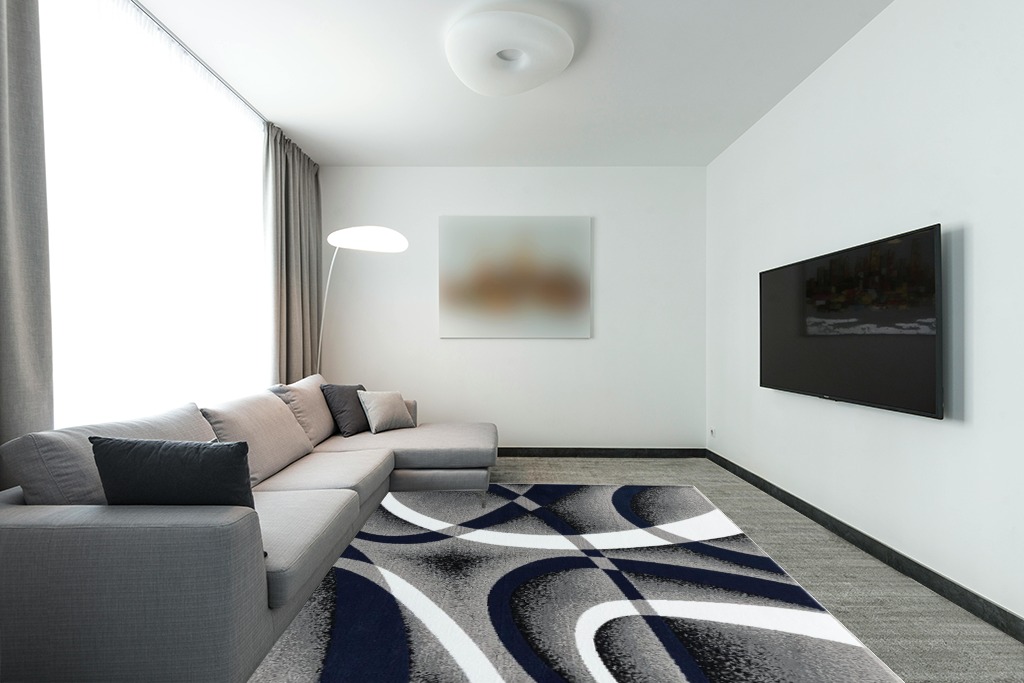 GLORY RUGS Area Rug 8x10 Navy Door Mat Modern Swirls Carpet Bedroom Living Room Contemporary Dining Accent Sevilla Collection 4816 in Modern Living Room with Grey Couch
