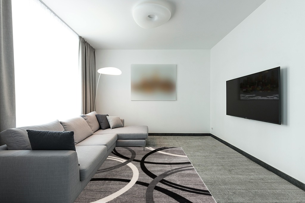 Grey Modern Non Slip Living room, Bedroom, Hallway, Office, Dorm, Kitchen, Dining room Area Rug in Modern Living Room with Grey Couch