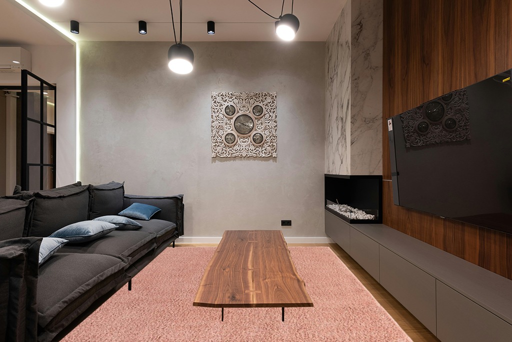 Pink Shag Rug Perfect in Dark Wood Living Room with Black Couch