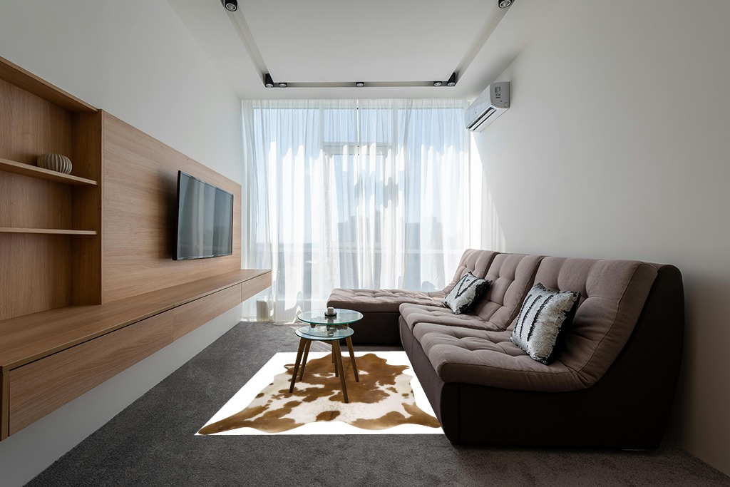 Pure Brown& White Superior Cowhides Rug 5x7ft 150cmx210cm in Grey Living Room with Brown Couch