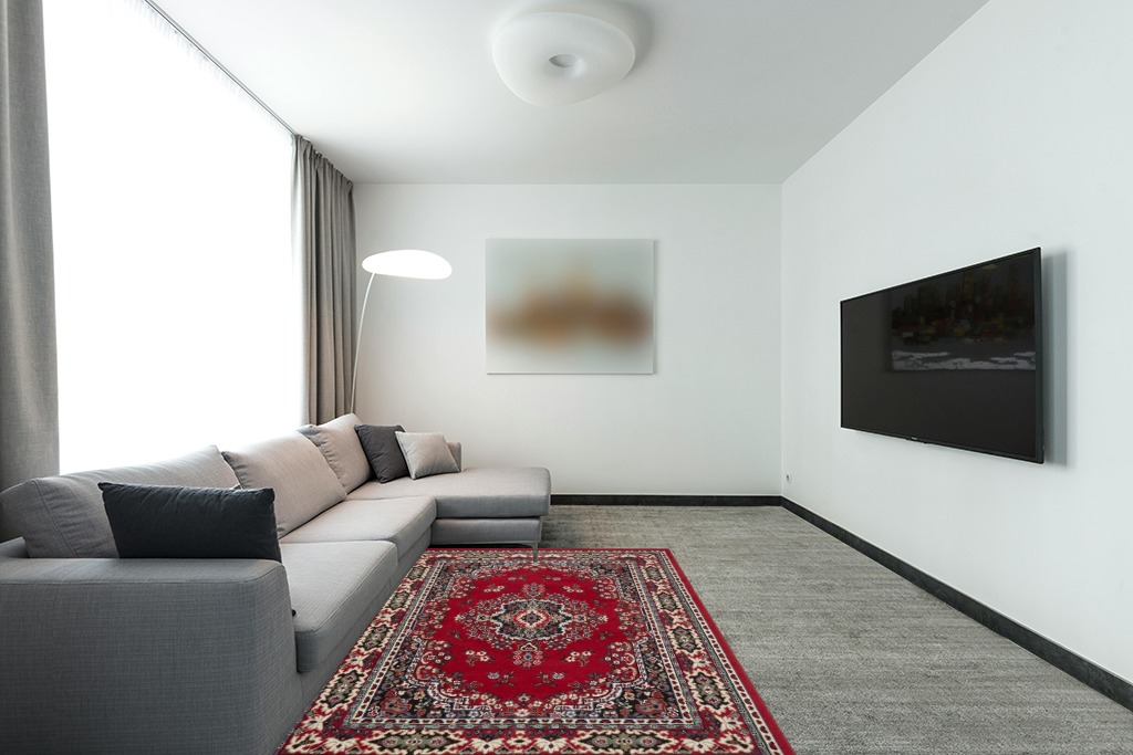 Home Dynamix Premium Sakarya Traditional Medallion Border Area Rug, Claret, 5'2"x7'4" Rectangle in Modern Living Room with Grey Couch