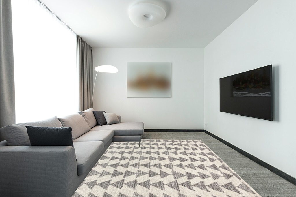 JONATHAN Y MOH206B-8 Aisha Moroccan Triangle Geometric Indoor Farmhouse Area-Rug Bohemian Minimalistic Easy-Cleaning Bedroom Kitchen Living Room Non Shedding, 8 X 10, Cream,Gray in Modern Living Room with Grey Couch