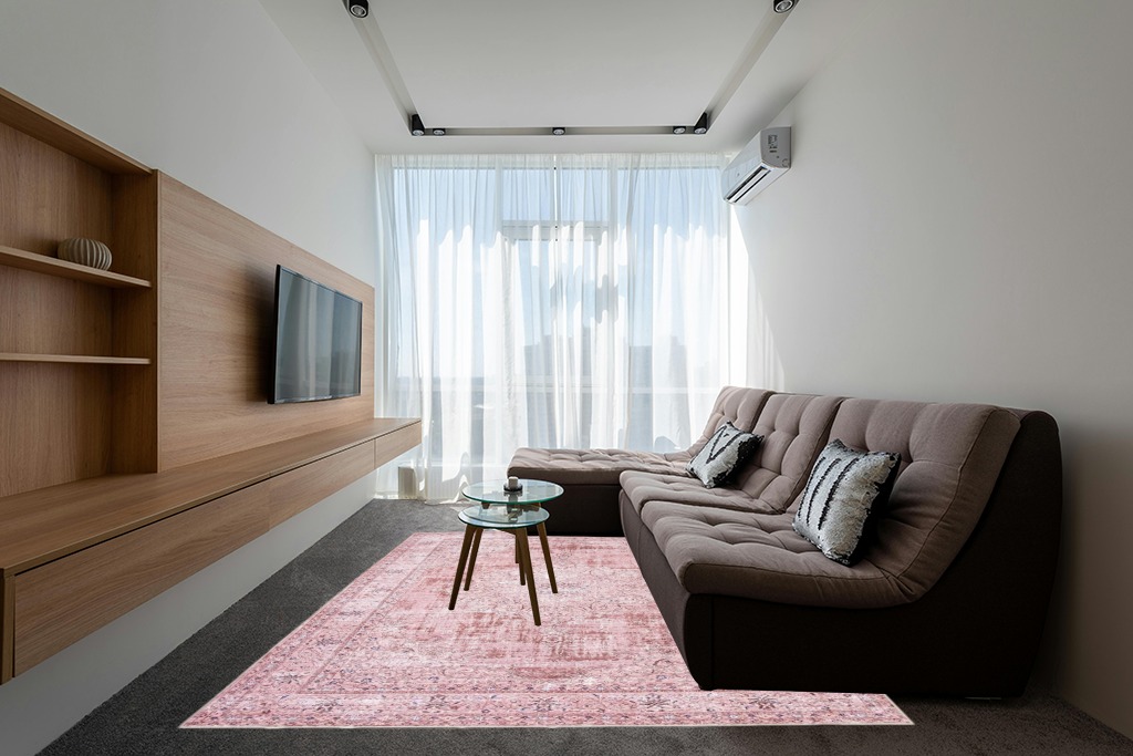 Bohemian Vintage Foldable Large Carpet in Grey Living Room with Brown Couch