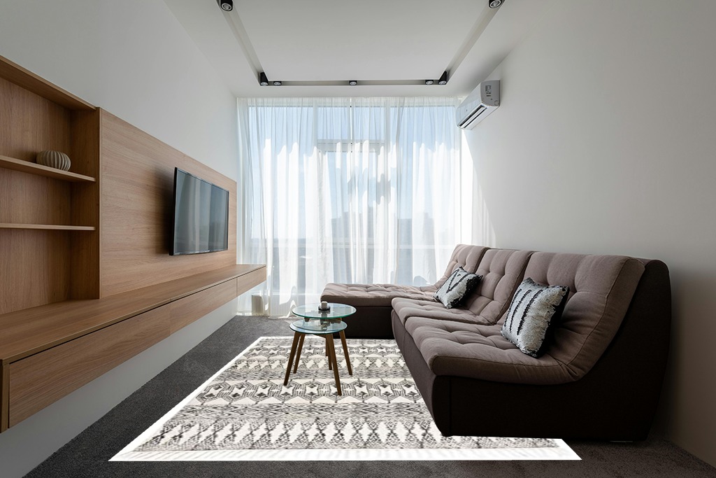 Black White Cotton Block Print Area Dhurrie Rug in Grey Living Room with Brown Couch