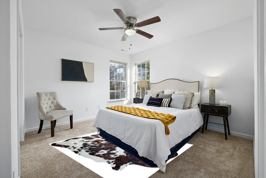 Sunshine Cowhides Genuine Tricolor Spotted Cowhide Rug - Luxurious Cow Rug for Bedroom, Living Room, and Home Decor Enthusiasts - Masterpiece of Style and Functionality - 6x6-7ft (180x210cm) in White and Yellow Modern Bedroom