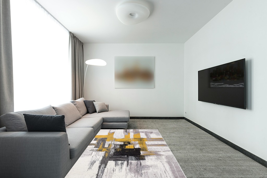 Gold Modern Stain Resistant Living Room Area Rug in Modern Living Room with Grey Couch