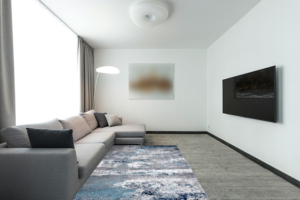 Blue Bohemian Stain Resistant Living Room Area Rug in Modern Living Room with Grey Couch