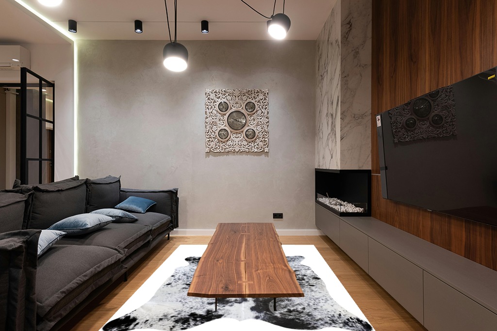 Sunshine Cowhides Genuine Salt and Pepper Black and White Longhorn Cowhide Rug - Luxurious Cow Rug for Bedroom, Living Room, and Home Decor Enthusiasts - Stylish Masterpiece - 6x7ft (180x210cm) in Dark Wood Living Room with Black Couch
