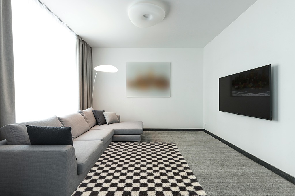 Balta Rugs Oslo Checkered Shag Rug, Black, 5' 3" x 7' in Modern Living Room with Grey Couch