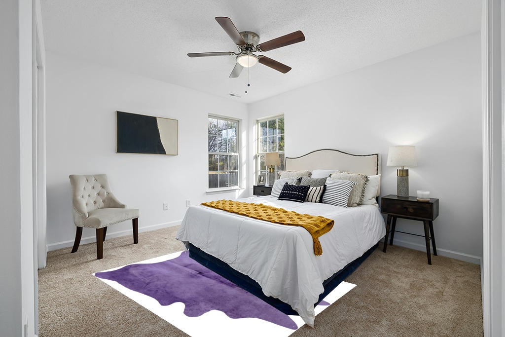 Natural Geneva Cowhide Area Rugs for Living Room and Bedroom | Handmade 100% Cow Rug with Low Pile | Shed-Resistant Home and Office Rug, Purple, 5 ft x 7 ft in White and Yellow Modern Bedroom