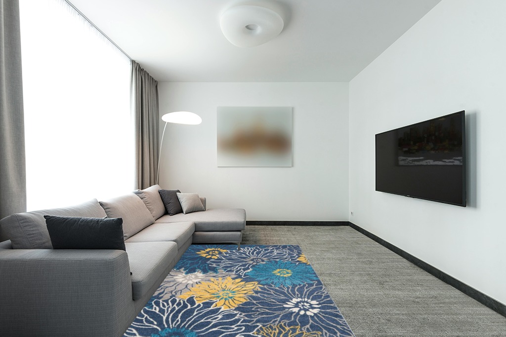 Nourison Passion Blue 5'3" x 7'3" Area-Rug, Floral, Farmhouse, Easy-Cleaning, Non Shedding, Bed Room, Living Room, Dining Room, Kitchen, (5' x 7') in Modern Living Room with Grey Couch