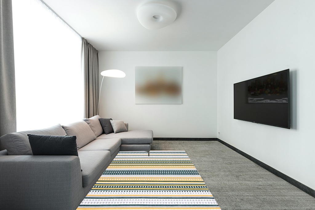 SAFAVIEH Montauk Collection Area Rug - 5' x 8', Yellow & Ivory, Handmade Boho Stripe Cotton, Ideal for High Traffic Areas in Living Room, Bedroom (MTK451D) in Modern Living Room with Grey Couch