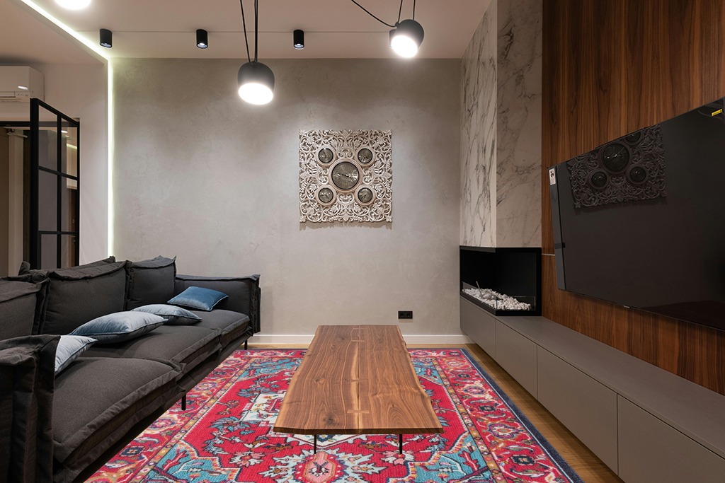 SAFAVIEH Monaco Collection Area Rug - 8' x 10', Red & Turquoise, Boho Oriental Medallion Design, Non-Shedding & Easy Care, Ideal for High Traffic Areas in Living Room, Bedroom (MNC207C) in Dark Wood Living Room with Black Couch