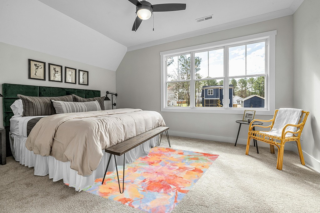 SAFAVIEH Florist Collection 5' x 8' Yellow / Plum FLS154C Colorful Floral Distressed Area Rug in Grey Traditional Bedroom with King Bed