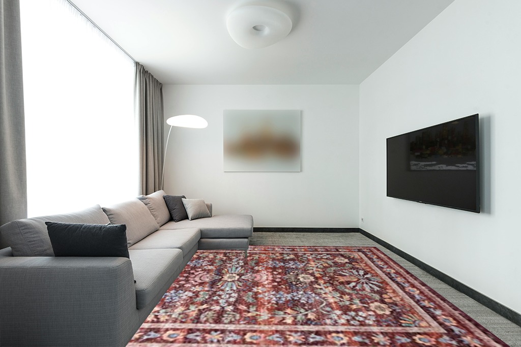 Loloi Rifle Paper Co. Maison Collection MAO-06 Red 8'-4" x 11'-6", .19" Pile Height, Area Rug in Modern Living Room with Grey Couch