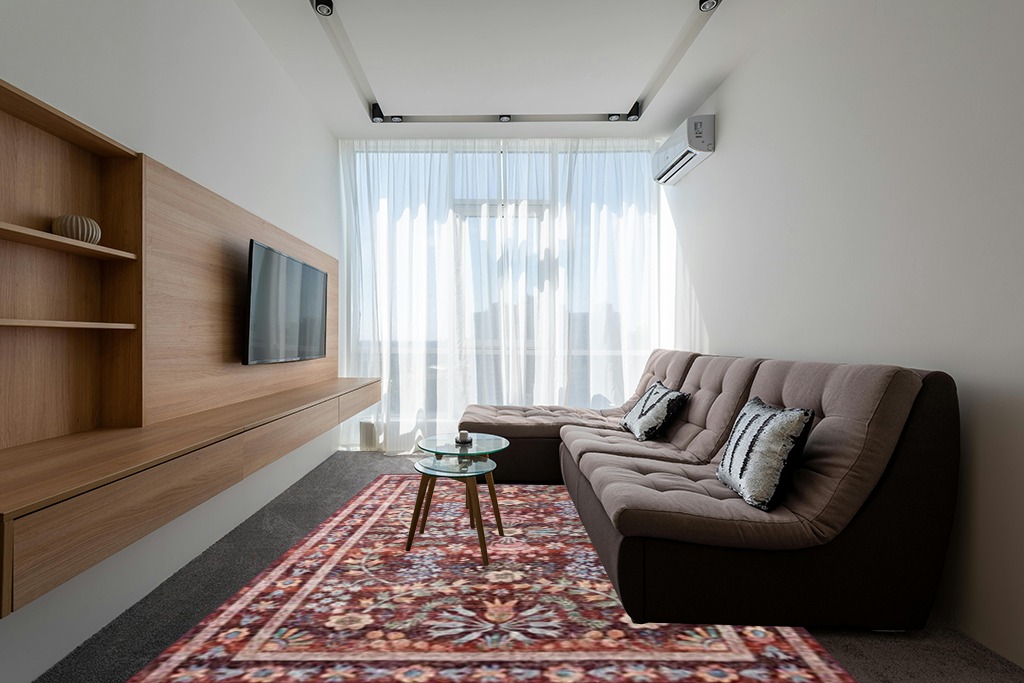 Loloi Rifle Paper Co. Maison Collection MAO-06 Red 8'-4" x 11'-6", .19" Pile Height, Area Rug in Grey Living Room with Brown Couch