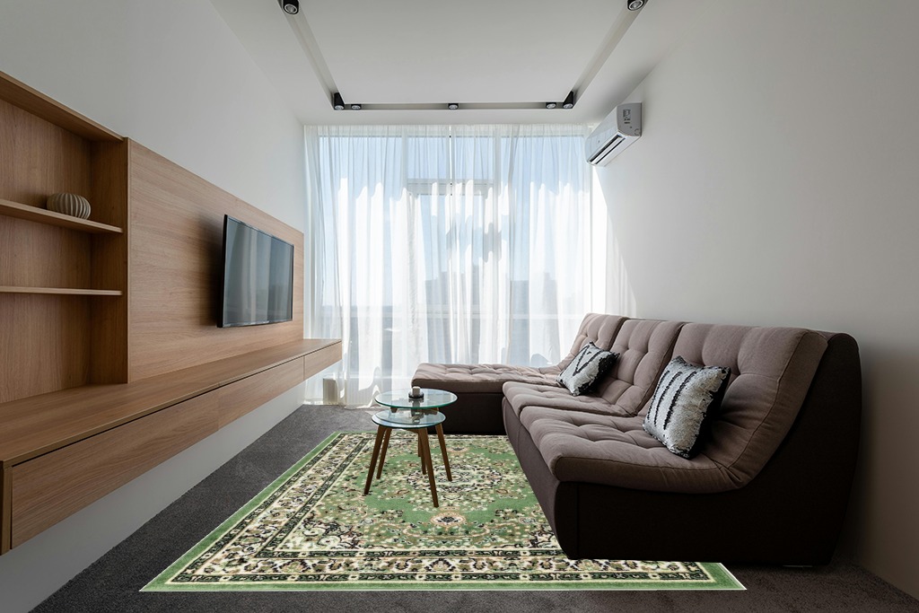 Antep Rugs Oriental 8x10 Traditional Medallion Indoor Area Rug Siesta (Green Beige, 7'10" x 10') in Grey Living Room with Brown Couch