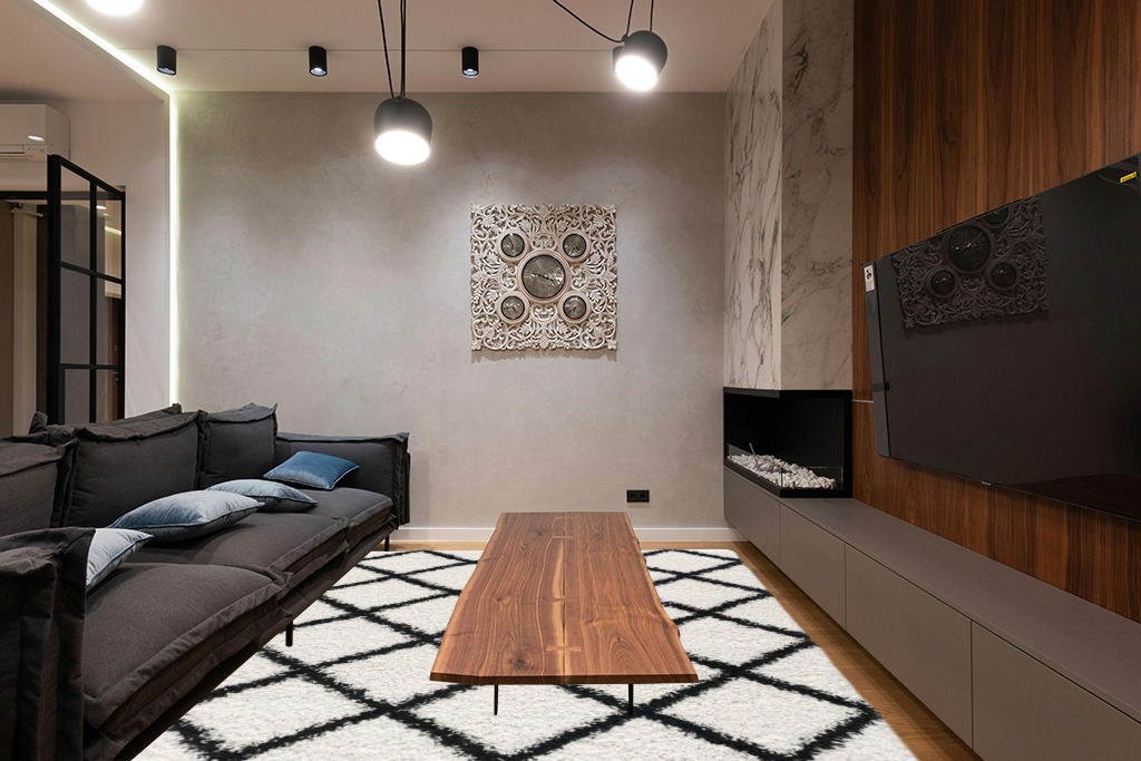 L'Baiet Halle White Black Geometric Diamond Pattern Modern Soft Shag Indoor 8' x 10' Area Rug in Dark Wood Living Room with Black Couch