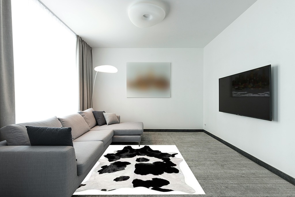 Black and White Cowhide Rug Natural Cow Skin Cow Hide Leather Area Rug Hair On, Large 5 ft X 6 ft Premium Black White Shed Free Natural Hide in Modern Living Room with Grey Couch