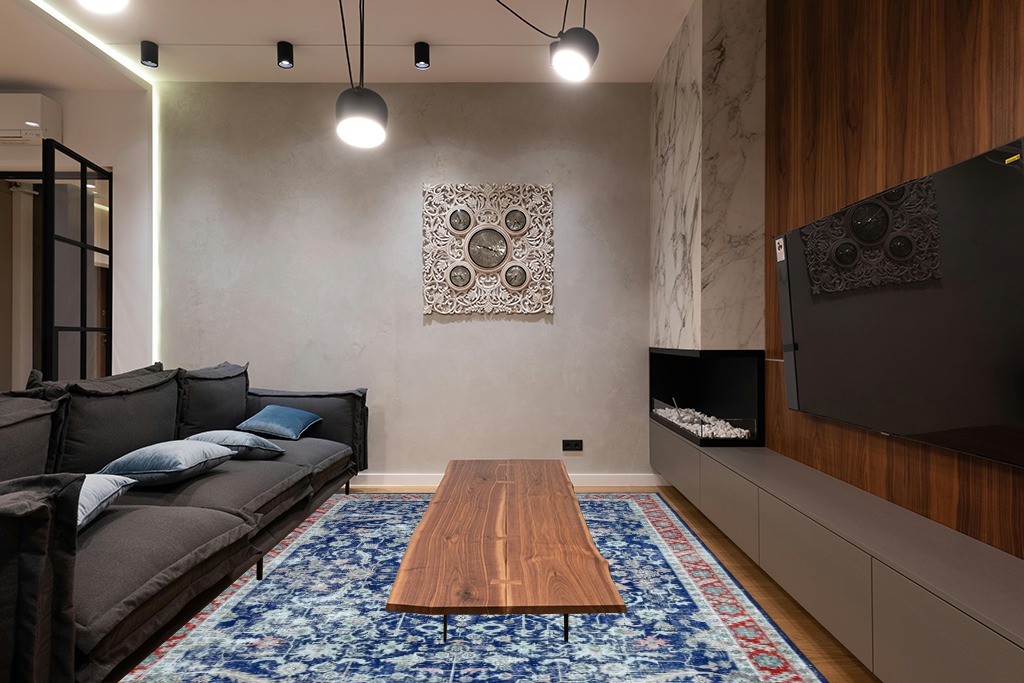 FairOnly Washable Rug 8x10 for Living Room Farmhouse Vintage Boho Persian Floral Area Rug for Bedroom Dinning Room Office Non-Shedding Indoor Rug Home Decor, Blue in Dark Wood Living Room with Black Couch