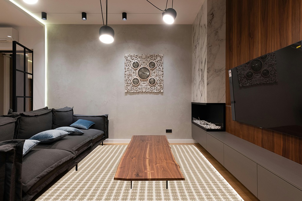 Dash and Albert Gridiron Wheat Handwoven Indoor/Outdoor Rug, 8 X 10 Feet, Neutral Geometric Pattern in Dark Wood Living Room with Black Couch