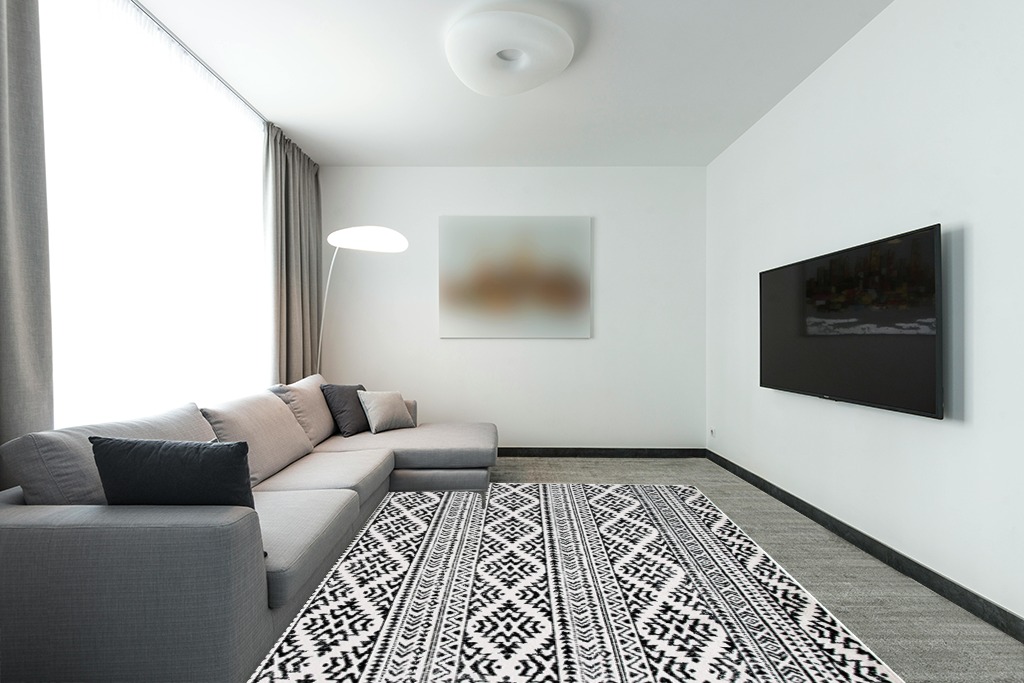 Ivory/Black Moroccan Non Slip Living Room Area Rug in Modern Living Room with Grey Couch